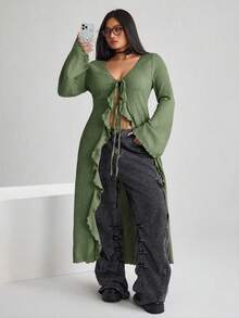 SHEIN ICON ICON 大码女式V领系带喇叭袖针织上衣 - 軍綠色 - 查看 3