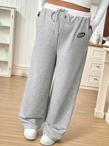 SHEIN 孕妇字母图案抽绳腰口袋阔腿休闲裤 - 灰色 - 查看 8