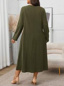 EMERY ROSE Plus Size Casual Solid Color Dual Pocket Dress - Army Green - View 2