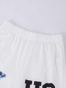 SHEIN Explorewe 青少年女孩两件套：黑白拼色星星印花短款 T 恤 + 白色手绘运动裤，休闲街头风格运动装 - 白色 - 查看 4