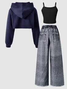 SHEIN ChillGRL بنطلون جينز مطبوع بطراز الشارع الفضفاض للفتيات المراهقات، توب كامي قصير، ملابس علوية شبكية مقنعة بأكمام طويلة، طقم ملابس مكون من 3 قطع، موضة