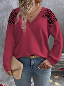 EMERY ROSE Women's V-Neck Layered Leopard Print Long Sleeve Plus Size Sweatshirt, Autumn/Winter - Burgundy - View 4