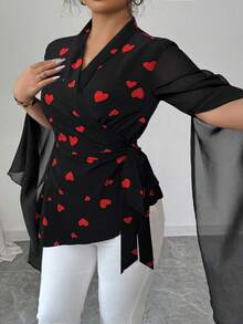 Elenzga Áo voan tay dài cổ chữ V thắt nơ họa tiết trái tim cỡ lớn, thắt eo, lãng mạn, thích hợp cho buổi tối hẹn hò, áo cánh voan dài tay dáng xòe, viền không đều, kiểu dáng thanh lịch, tinh tế, đi làm và lãng mạn dành cho nữ - màu đen - Xem 3