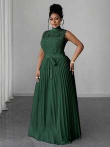 Maweii Váy ren xếp ly eo cao cổ không tay cỡ lớn - Màu xanh lá cây đậm - Xem 3