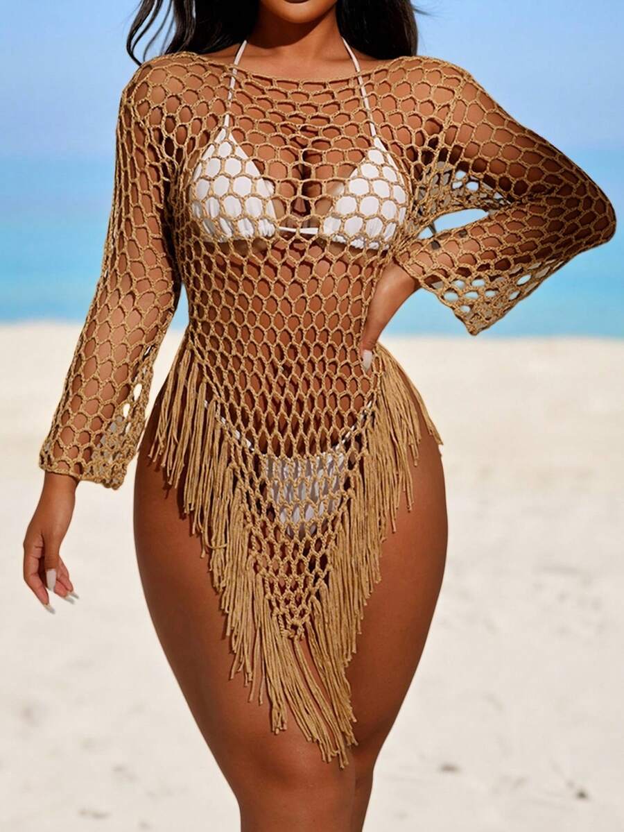 Swim SXY Summer Beach Women's Fashionable Hollow Out Long Sleeve Fringed Cover Up - Khaki - View 1