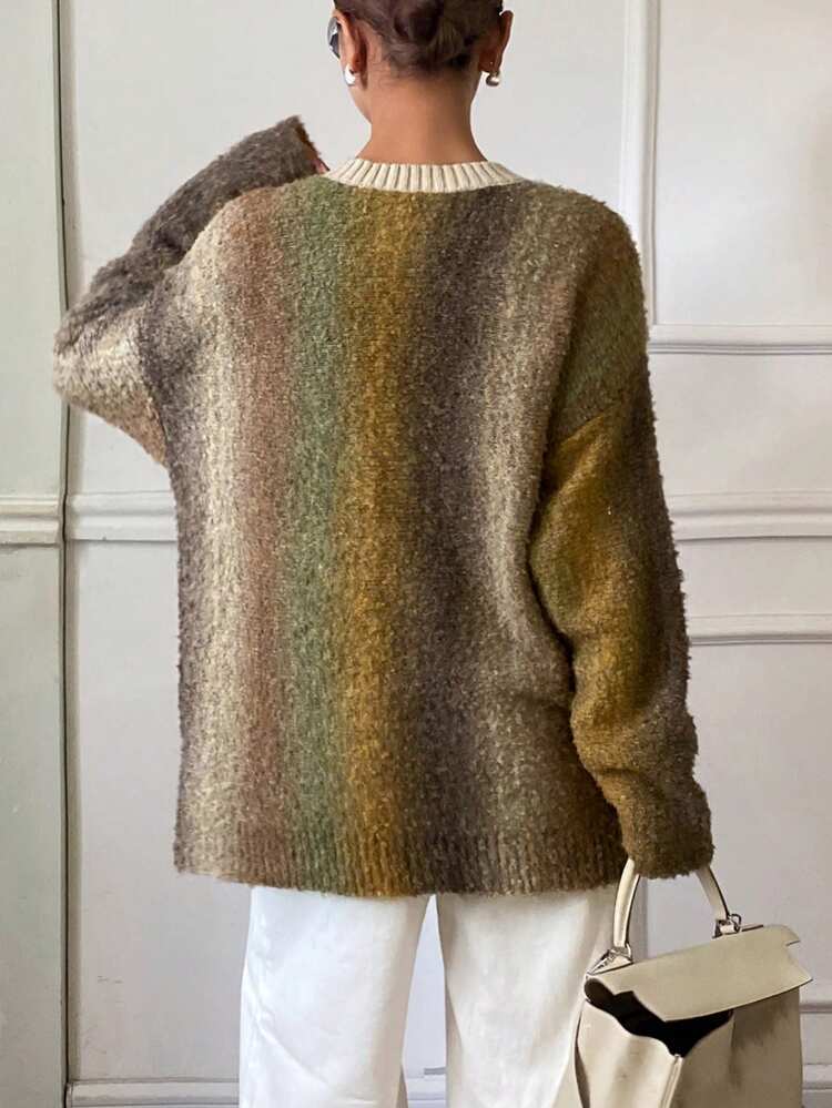 Women's Loose Fit Colorblock Gradient Chiffon Patchwork Round Neck Long Sleeve Casual Elegant Knit Cardigan, Autumn/Winter