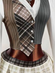 Amplova Bộ 3 món dành cho nữ gồm áo sơ mi kẻ caro, áo vest kẻ caro và chân váy mini kẻ caro chắp vá, gợi cảm và tiên phong, thích hợp mặc hàng ngày - Nhiều màu - Xem 5