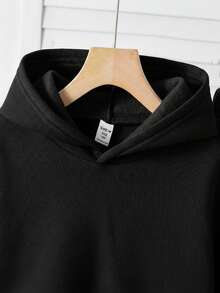 SHEIN 两件套男童休闲学院风蓝色字母印花连帽卫衣和直筒抽绳裤套装，适合上学、居家、日常穿着、运动，百搭简约 - 黑色 - 查看 6