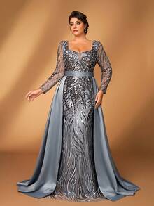 Serin Plus Size Elegant Romantic Luxury Gray Sweetheart Neck Long Sleeve Sheer Sequin Embroidered Sequins Sequins Mermaid Hem With Trailing Formal Gown (Heavily Embellished Design) - Grey - View 7