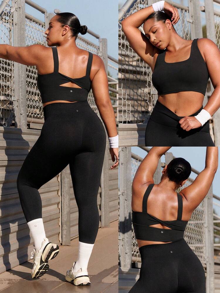 FeatherFit™-Sculpt Plus Size Twist And Flow Soft Stretchy Cropped Removable Cups Square-Neck Twist-Back Sports Bra Low Impact Yoga Pilates Studio Daily Casual Wear
