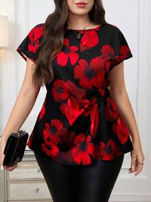 Reflora 大码浪漫优雅圣诞节、新年、情人节时尚派对衬衫,黑色底红色印花蝙蝠袖收腰衬衫,适合圣诞节、办公室、秋季等多种场合,尽显优雅气质。这款衬衫采用经典的复古风格,适合多种秋季场合穿着。 - 紅色 - 查看 5