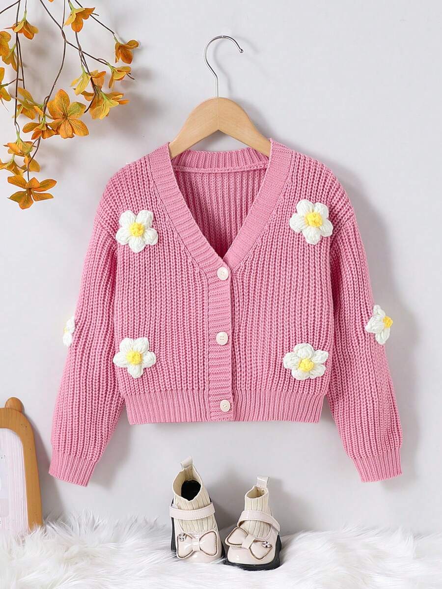 SHEIN 少女休闲碎花开衫，秋冬 - 粉色 - 查看 1