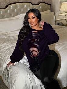 NU&NOW 女士休闲宽松纯色长袖加大码T恤 - 紫色 - 查看 7