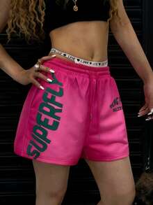 Rovax Summer Casual Letter Print Drawstring Waist Shorts - Pink - View 3