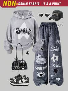 SHEIN ChillGRL 2pcs/Set Teen Girl Hoodie Sweatshirt With Printed Design & Printed Pants - Multicolor - View 7