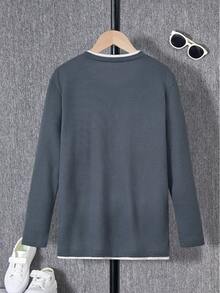 SHEIN Mirajuku 青少年（男孩）撞色领休闲T恤，春秋季 - 深灰色 - 查看 2