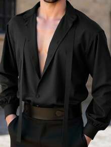 Manfinity AFTRDRK Men's Black Long Sleeve Single-Breasted Casual Loose Shirt Black Collar Shirt Mens Wedding Shirt Men Black Sexy Top Men Black Dress Shirt Acnotic Men S Turndown Collar Shirt