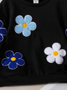 Young Girls Floral Embroidered Fleece Crew Neck Sweatshirt, Autumn/Winter - Black - View 6