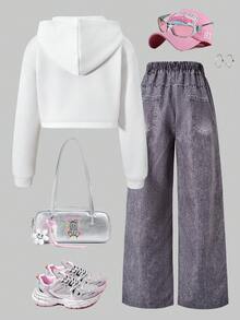SHEIN ChillGRL Mädchen Lässiger Chic Cartoon Grafik Sweatshirt und passendes Cartoon Hosen Set - Weiss - Übersicht 2