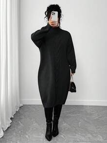 Elenzga 大码加厚针织长连衣裙，宽松纯色抽绳毛衣裙 - 黑色 - 查看 6