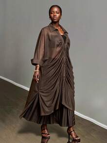 Veslaya Plus Size Women's Solid Color 3/4 Sleeve Single-Breasted Pleated Long Loose Jacket/Winter - Brown - View 5