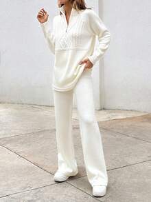 EURMUSE Elegant Cable Knit Sweater With Zipper & Sweater Pants Co-Ords - White - View 7