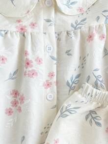 SHEIN X GALILEA 2 piezas Conjunto de pijama cómodo con top de manga larga y pantalones con estampado floral elegante para niñas jóvenes - Rosa - Ver 6