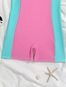 少女撞色拉链露背插肩袖连体泳衣，适合冲浪、运动、夏季、海滩、泳池、度假 - 彩色 - 查看 7