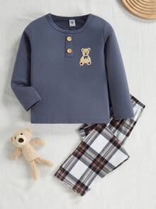2件組男孩秋冬圓領長袖上衣與長褲套裝，刺繡熊格紋柔軟睡衣，幼兒套裝，親子穿搭 - 彩色 - 查看 9