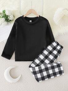 2件套 男童/儿童/青少年经典加厚抓绒格子印花套头睡衣套装，秋冬季休闲家居服 - 黑與白 - 查看 1