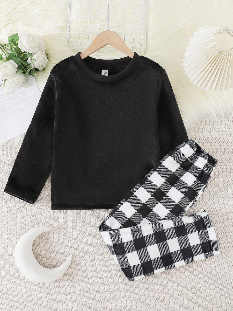 2件套 男童/儿童/青少年经典加厚抓绒格子印花套头睡衣套装，秋冬季休闲家居服 - 黑與白 - 查看 1