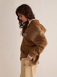 Easelle 女士休闲时尚街头风棕色刺绣字母袋鼠口袋卫衣，春秋季 - 棕色 - 查看 5