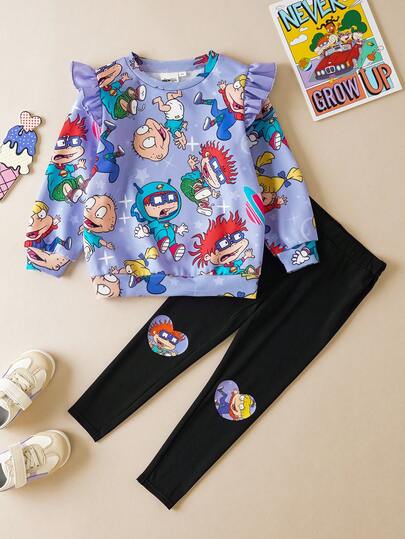 Nick 90s | SHEIN Set de 2 piezas con sudadera de cuello redondo de manga larga con estampado de figura de niña y planeta en morado, y pantalones negros para niña