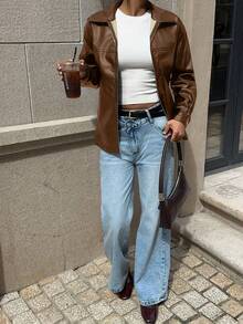 Abrigo de cuero PU con cierre de cremallera y hombros caídos  para mujer, ropa de otoño e invierno. - Marrón 2 - Ver 6