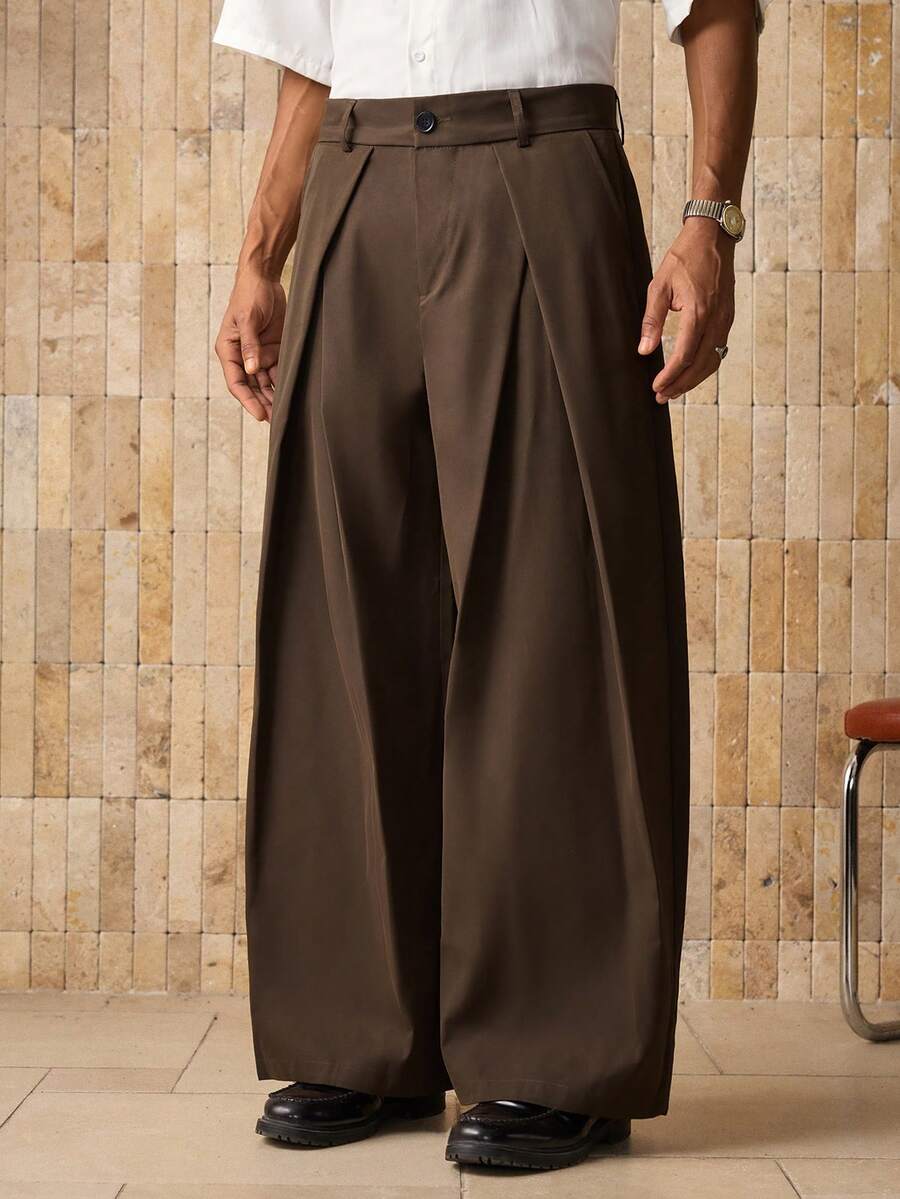 SWAVVY Men's Solid Color Pleated Pocket Design Loose Fit Casual Pants