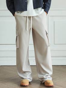 HUEFORM Pantalon cargo décontracté pour hommes, couleur unie, taille élastique avec cordon de serrage, pantalon cargo surdimensionné polyvalent pour hommes, pantalon de survêtement cargo pour hommes - Kaki - Voir 5