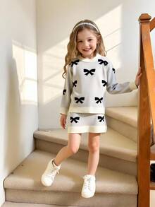 Autumn New Girls Grey Fairy Sweater Set,Elegant Jacquard Bow Design Long Sleeve Knit Top & Mini Skirt,Cute Clothes For Festivals,Daily Outings&Gifts - Multicolor - View 1