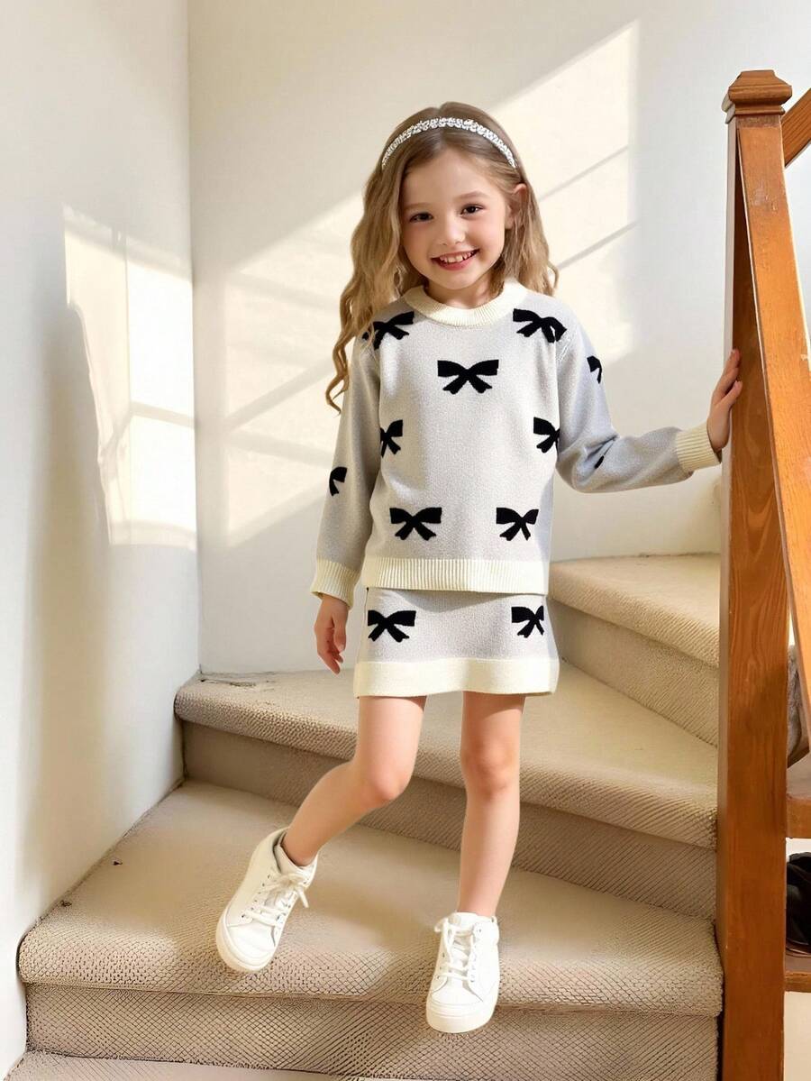 Autumn New Girls Grey Fairy Sweater Set,Elegant Jacquard Bow Design Long Sleeve Knit Top & Mini Skirt,Cute Clothes For Festivals,Daily Outings&Gifts - Multicolor - View 1