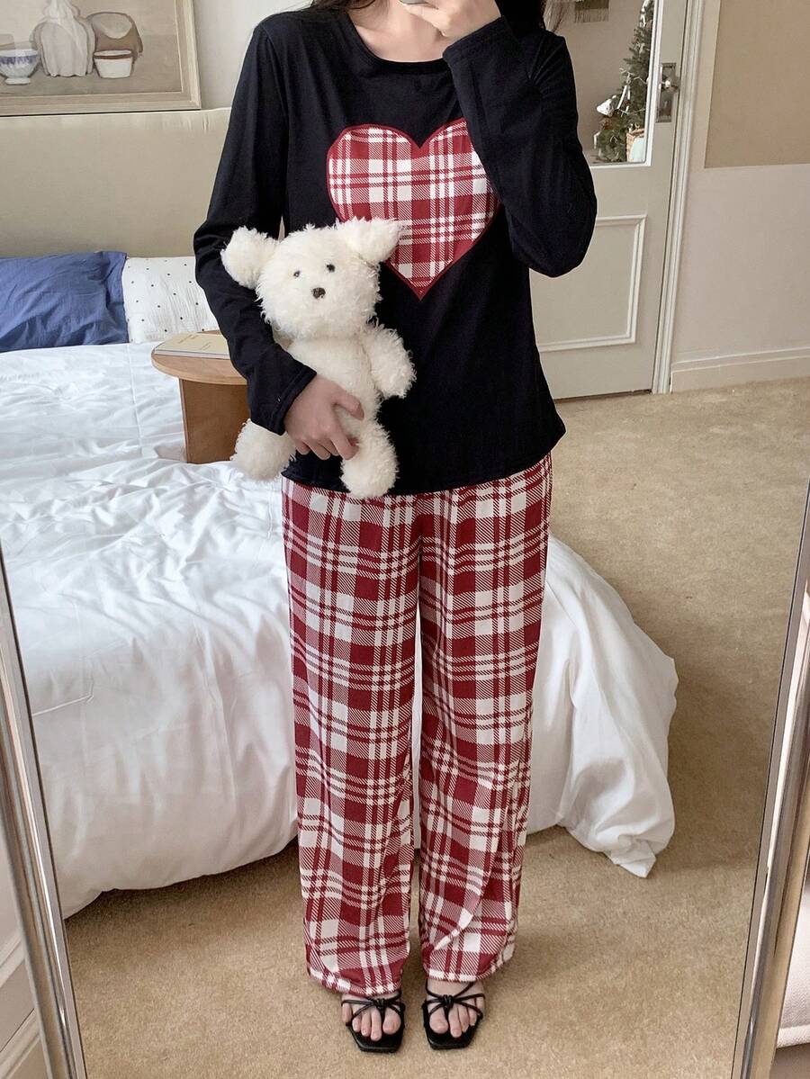 SHEIN 两件套少女休闲可爱爱心格纹蝴蝶结圆领长袖T恤搭配格纹蝴蝶结宽松睡裤,舒适时尚,适合返校季及秋冬季穿着。 - 紅色 - 查看 1