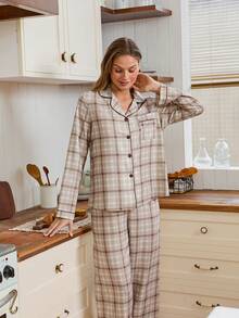 Doze Lane Bubble Textured Plaid Collar Long Sleeve Pajama Set For Women Sleepwear Button Down Pajamas For Women Homewear, Winter Clothes - Khaki - View 4