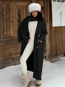 SHEIN EZwear Áo khoác dài hai hàng khuy có cổ áo choàng thiết kế khăn quàng cổ cho nữ, Thu/Đông - màu đen - Xem 7