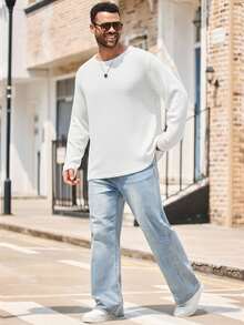 EASEVO Plus Size Men's Casual Solid Color Round Neck Long Sleeve T-Shirt - White - View 5