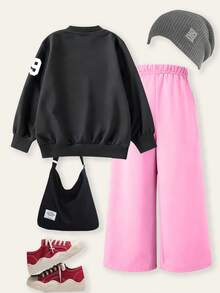 SHEIN Explorewe 2pcs/Set Girls Casual Fashion V-Neck 79 Los Angeles Graphic Sweatshirt & Wide Leg Pants, Autumn/Winter - Multicolor - View 2