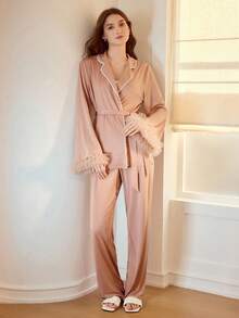 MOTF PREMIUM CONTRAST BINDING LAPEL COLLAR CONTRAST MESH RUFFLE DETAIL BELTED TOP & PANTS LOUNGE SET