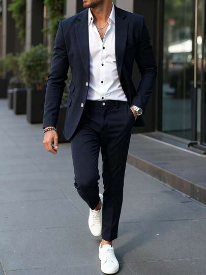 Manfinity Mode Men's Solid Color Business Commute Suit Set (Jacket And Pants) Men Casual Suit Mens Casual Suits Slim Fit Men Elegant Outfit Men Navy Blue Outfit Men Classy Outfits