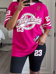 SHEIN 女士休闲时尚创意图标形状字母数字 23 印花宽松 T 恤和骑行短裤套装 - 彩色 - 查看 3