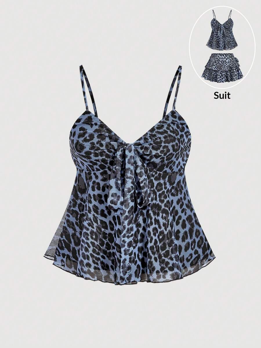 SHEIN MOD 女士时尚豹纹系带豹纹吊带背心 - 灰色 - 查看 1