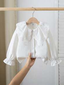 SHEIN Playful Pals 女童优雅刺绣荷叶边领公主长袖纽扣前襟休闲时尚公主衬衫，适合上学、度假、旅行、生日派对、春秋季穿着。 - 白色 - 查看 6