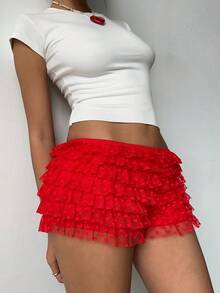 Aloruh Quần short ren trái tim siêu ngắn màu đỏ gợi cảm dễ thương lãng mạn dành cho nữ ngày lễ tình nhân cạp thấp nhiều lớp viền xếp nếp - Đỏ - Xem 6