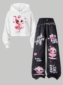 SHEIN ChillGRL Tween Girls 秋季服装休闲百搭日常涂鸦图案连帽短款卫衣 + 牛仔外观涂鸦印花宽松裤套装，常规厚度适合春秋季休闲、运动、度假 - 白色 - 查看 6